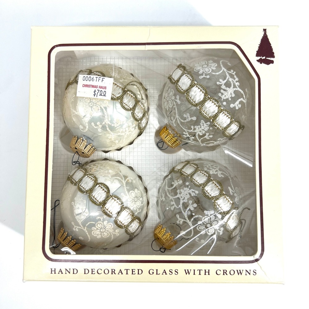 Vintage Christmas by‎ Krebs Glass Ornaments White Clear Gold Bulbs Set of 4 2.5"